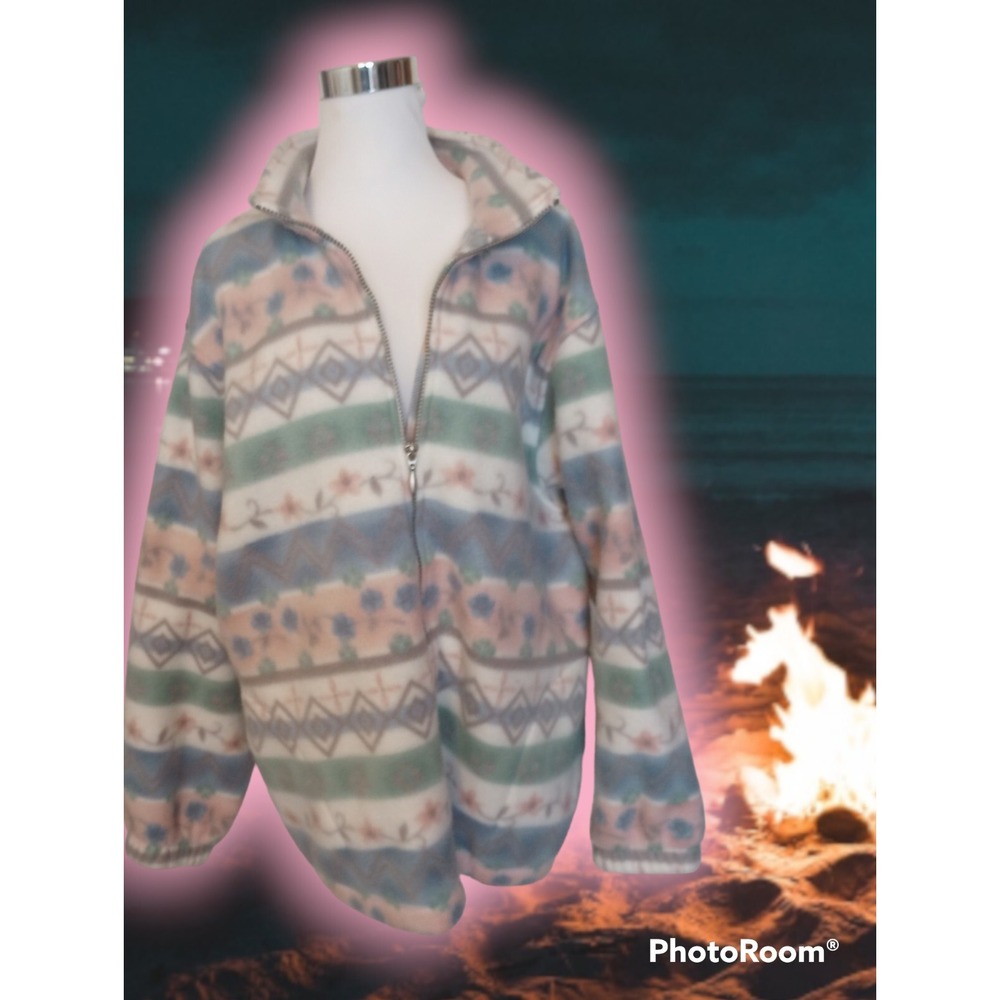 Alfred Dunner Soft Fleece Pastel Aztec Full Zip Jacket sz L women's Comfy Lounge